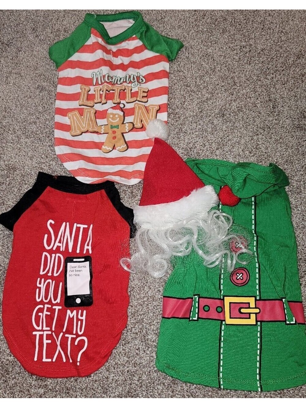 CHRISTMAS HOLIDAY BUNDLE/ LOT 4 PIECE SET DOG PET SHIRTS & SANTA HAT WITH BEARD